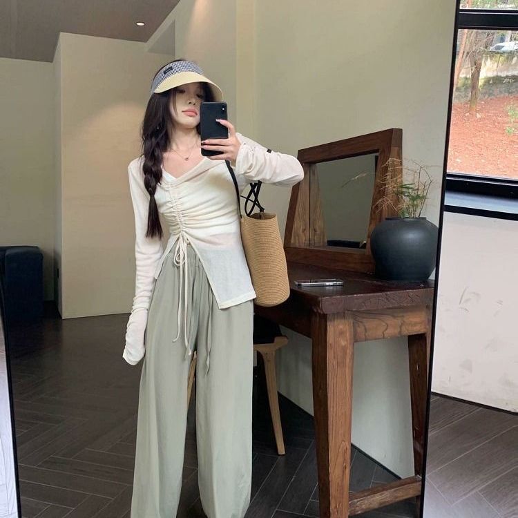 MR【天丝螺纹】设计感抽褶系带T恤套装不规则防晒衫夏季新款