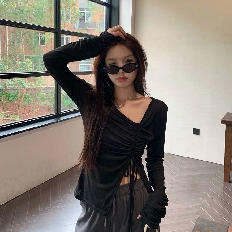 MR【天丝螺纹】设计感抽褶系带T恤套装不规则防晒衫夏季新款