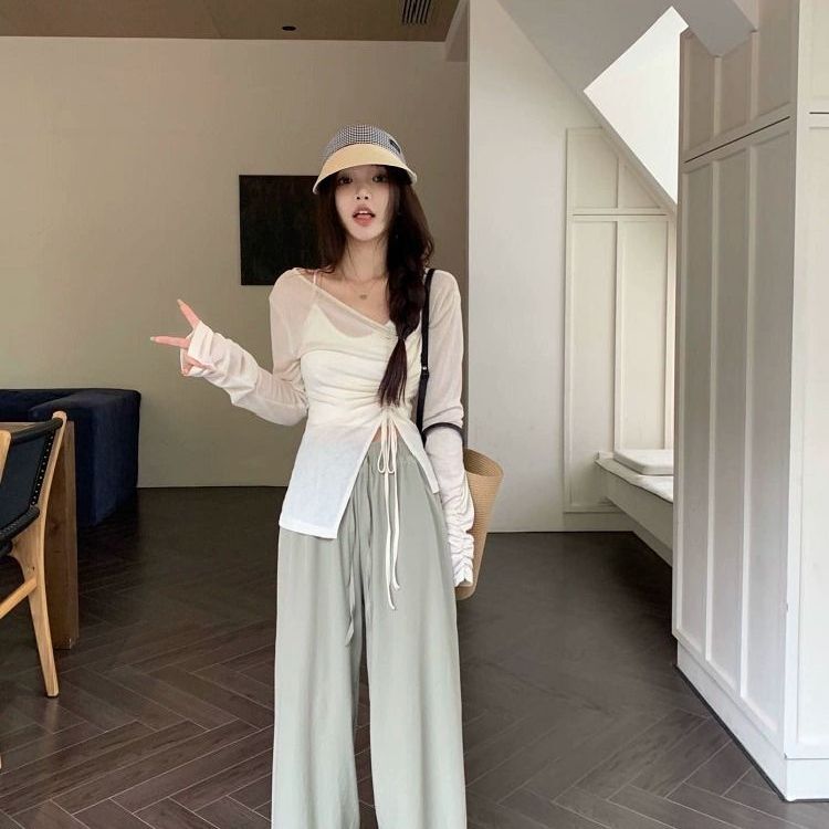 MR【天丝螺纹】设计感抽褶系带T恤套装不规则防晒衫夏季新款