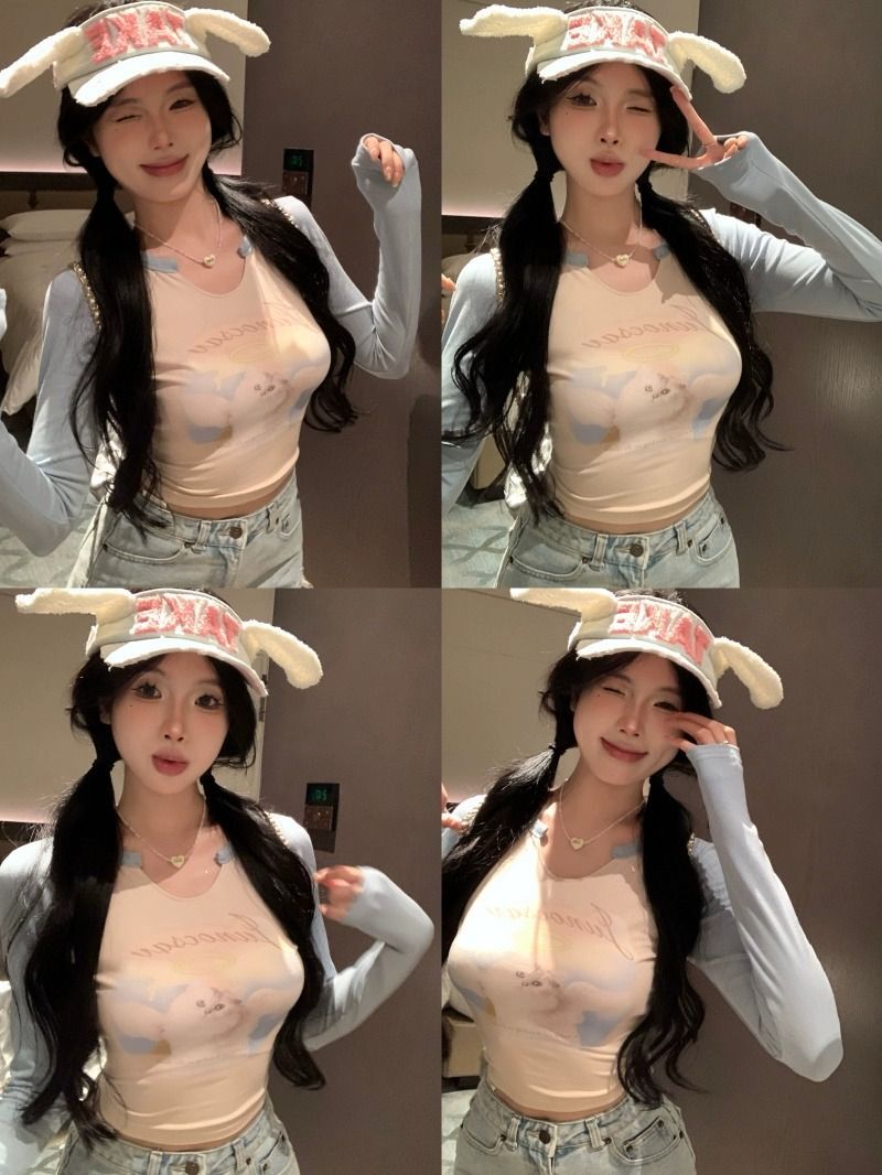 纯欲风撞色v领猫咪印花T恤女夏季设计感甜辣妹修身短款插肩袖上 纯欲风撞色v领猫咪印花T恤女夏季设计感甜辣妹修身短款插肩袖上