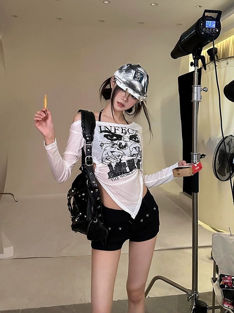 MR 现货 时尚宽松设计感百搭个性复古辣妹露肩薄款长袖T恤上