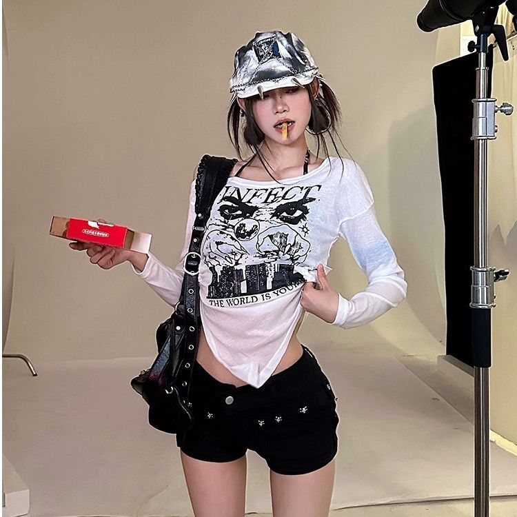 MR 现货 时尚宽松设计感百搭个性复古辣妹露肩薄款长袖T恤上