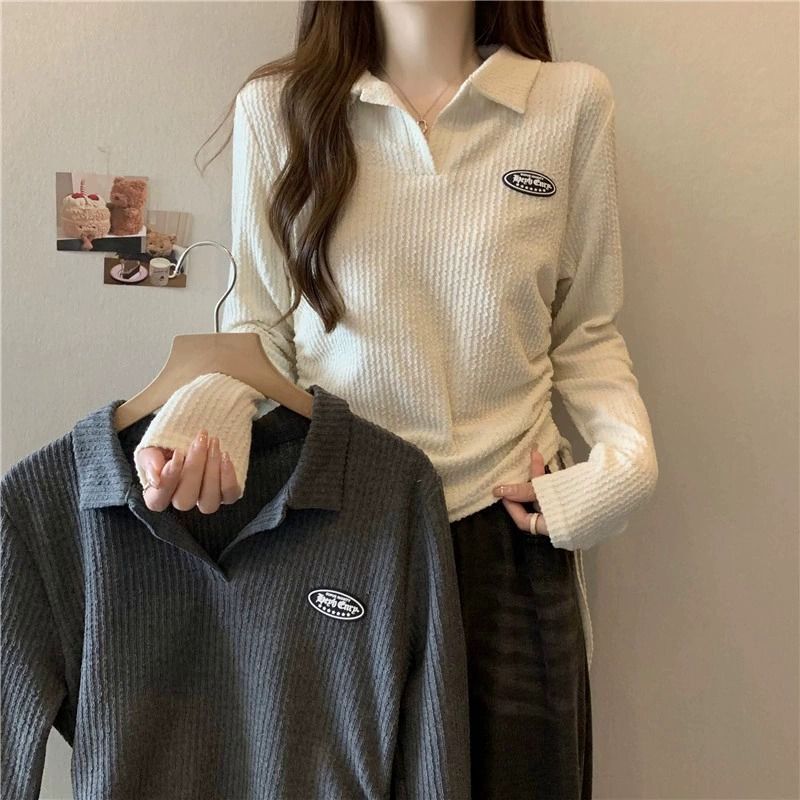 MR 大码polo领正肩长袖T恤秋季女装胖mm抽绳短款设计