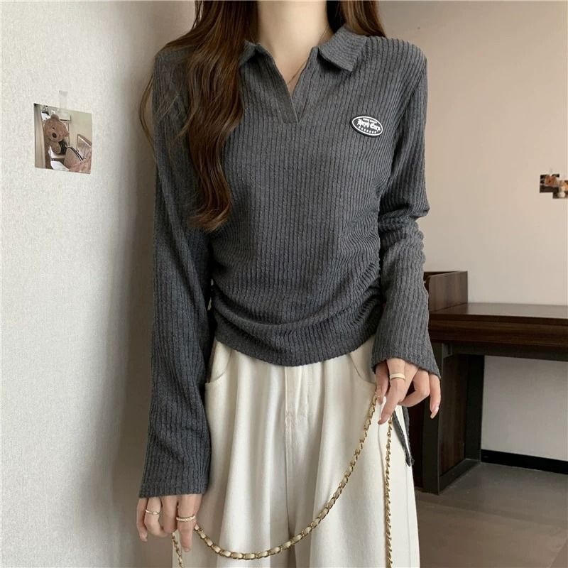 MR 大码polo领正肩长袖T恤秋季女装胖mm抽绳短款设计