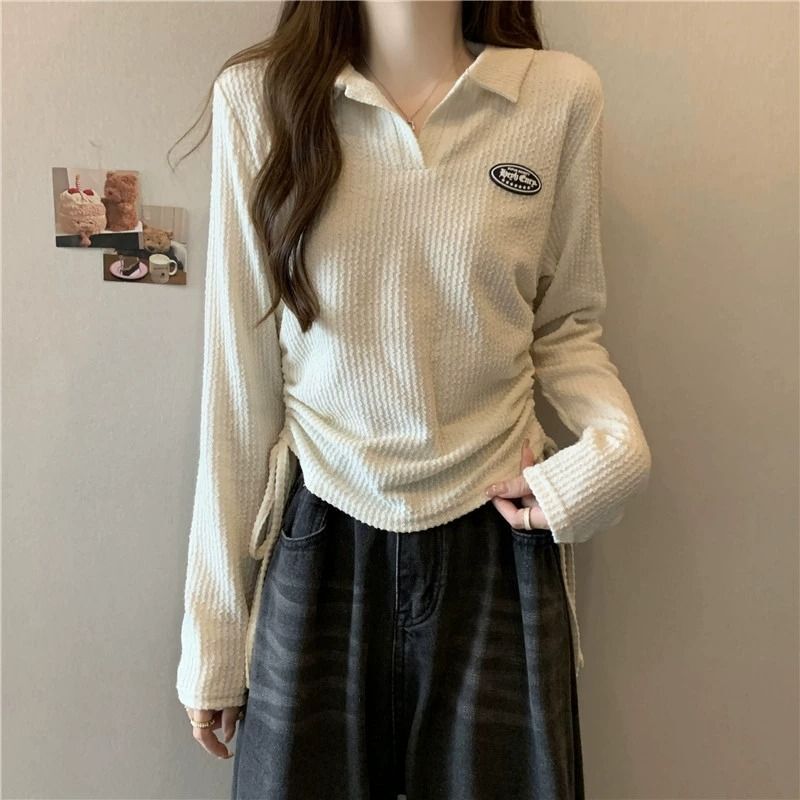 MR 大码polo领正肩长袖T恤秋季女装胖mm抽绳短款设计