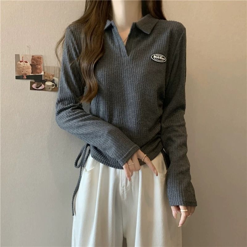 MR 大码polo领正肩长袖T恤秋季女装胖mm抽绳短款设计