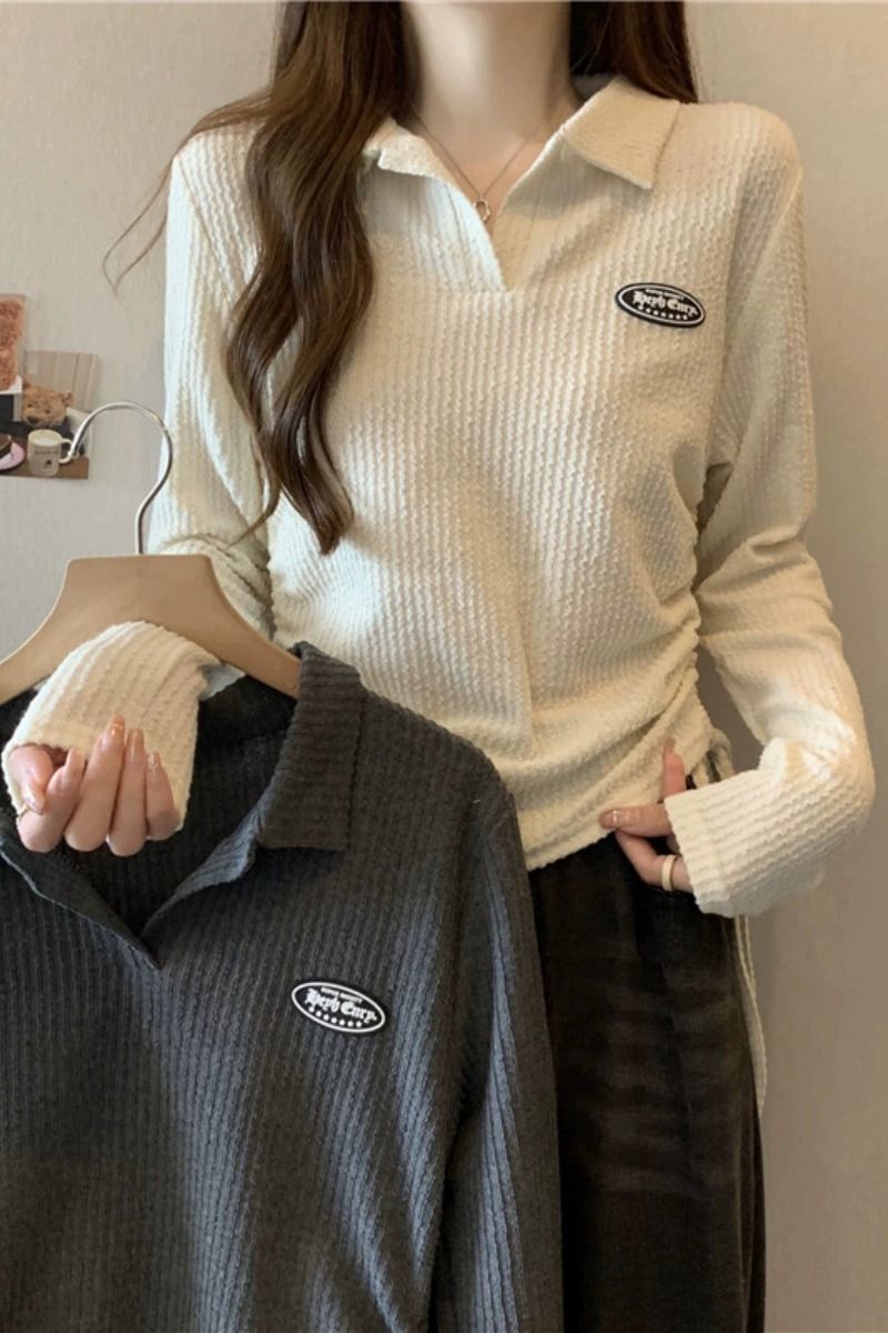 MR 大码polo领正肩长袖T恤秋季女装胖mm抽绳短款设计