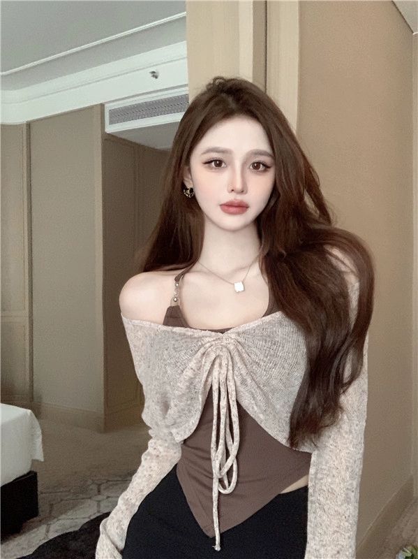 辣妹抽绳针织罩衫女春季2023新款长袖修身显瘦短款外套上衣两