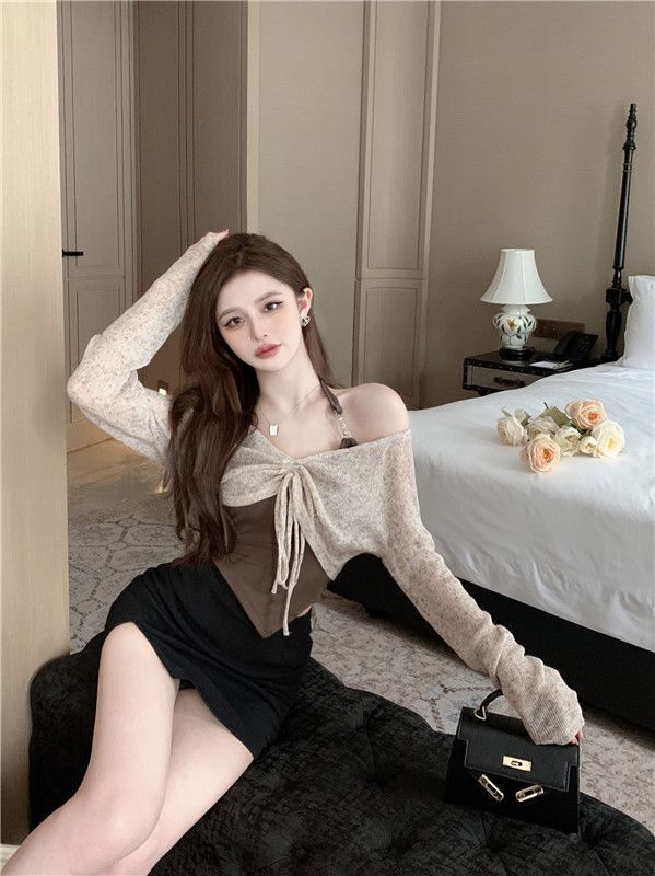 辣妹抽绳针织罩衫女春季2023新款长袖修身显瘦短款外套上衣两