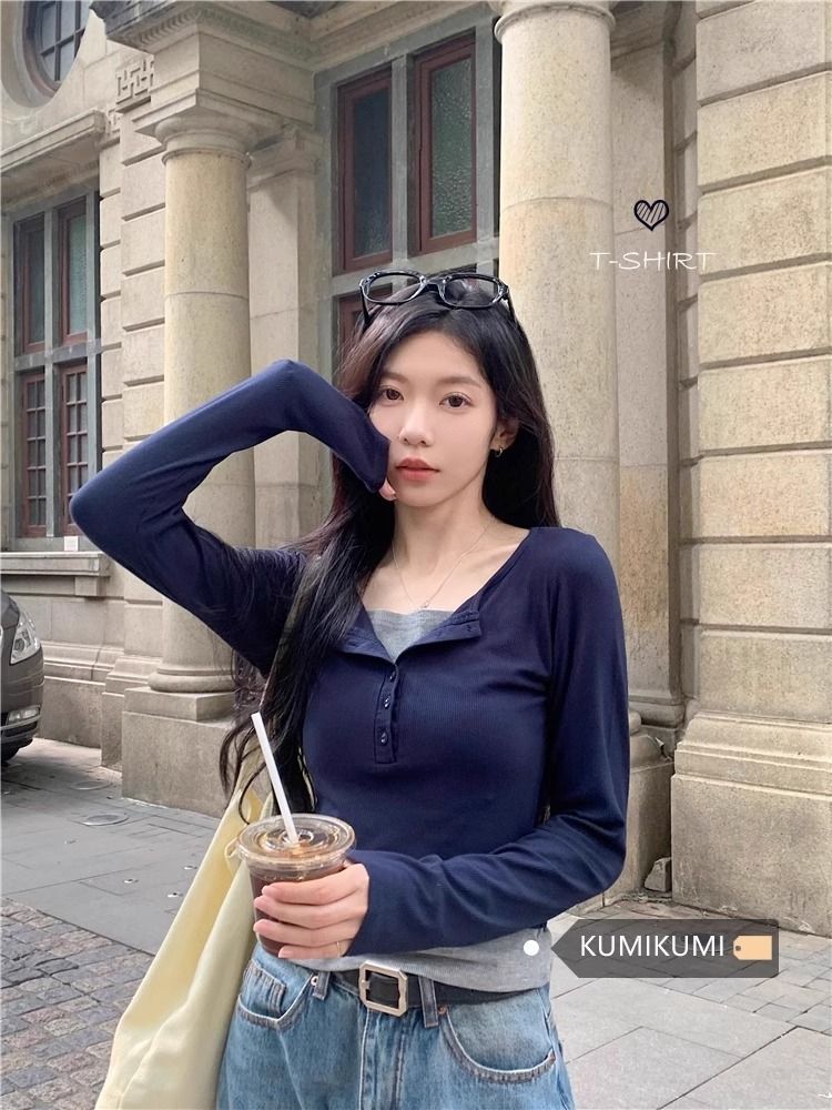 MR 小众设计感拼接假两件长袖T恤女秋季修身显瘦短款上衣in