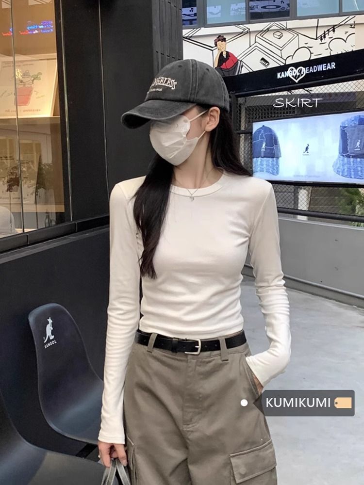 MR 螺纹德绒 白色内搭打底衫女秋冬修身显瘦T恤正肩上衣