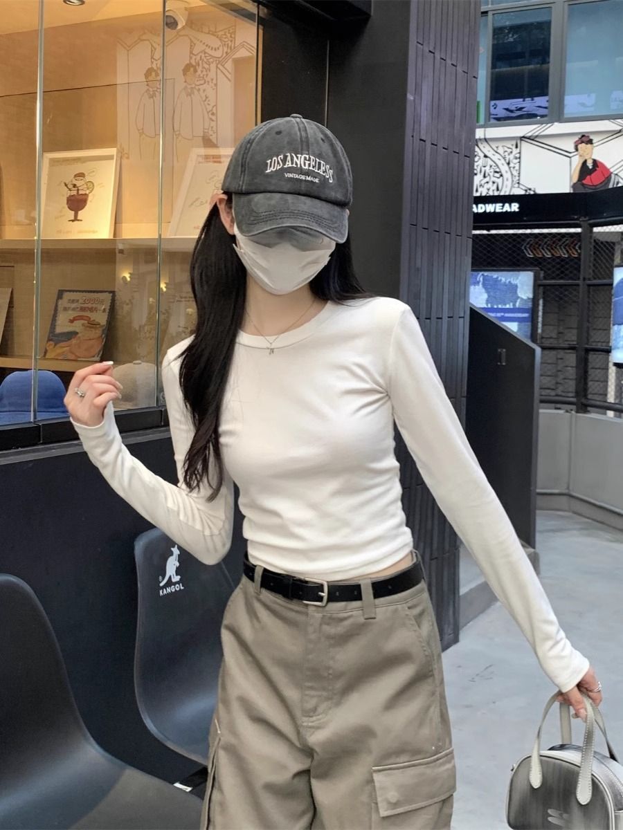 MR 螺纹德绒 白色内搭打底衫女秋冬修身显瘦T恤正肩上衣