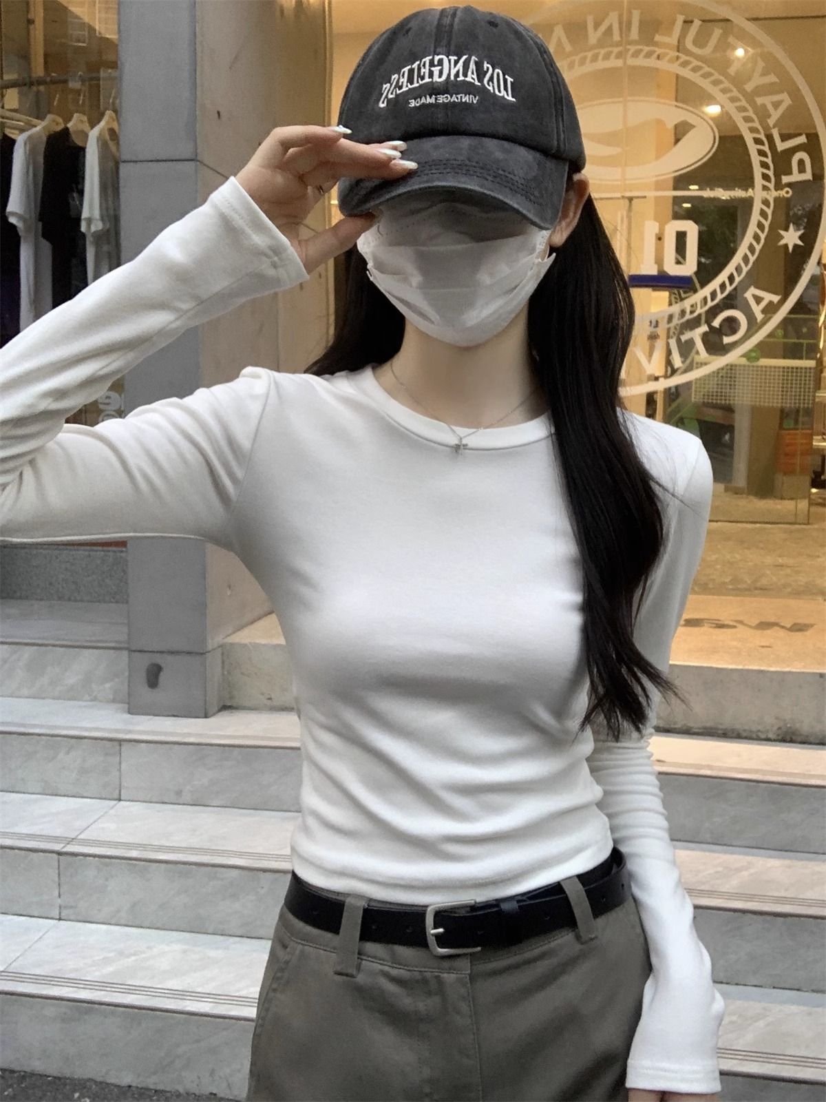 MR 螺纹德绒 白色内搭打底衫女秋冬修身显瘦T恤正肩上衣