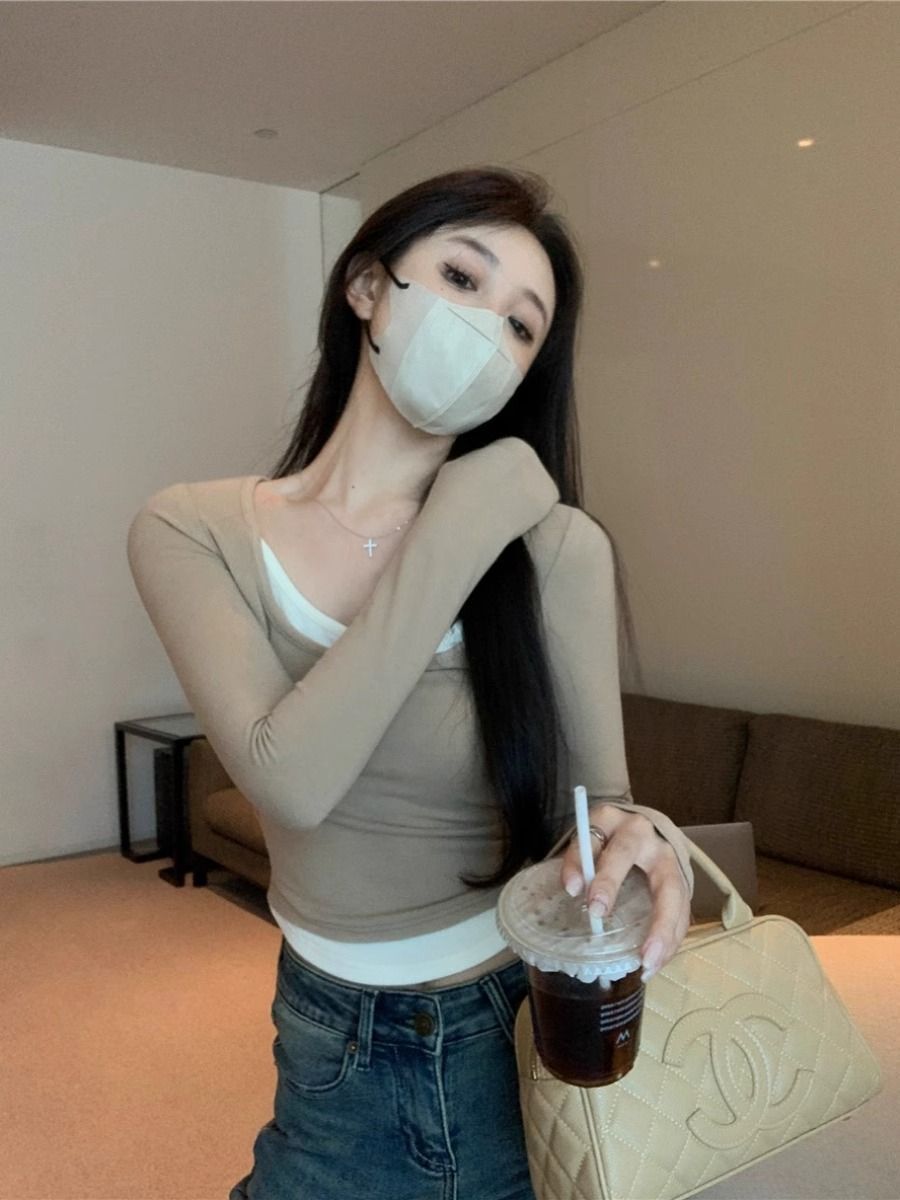 MR 螺纹德绒 基础百搭假两件磨毛上衣秋季修身短款内搭打底