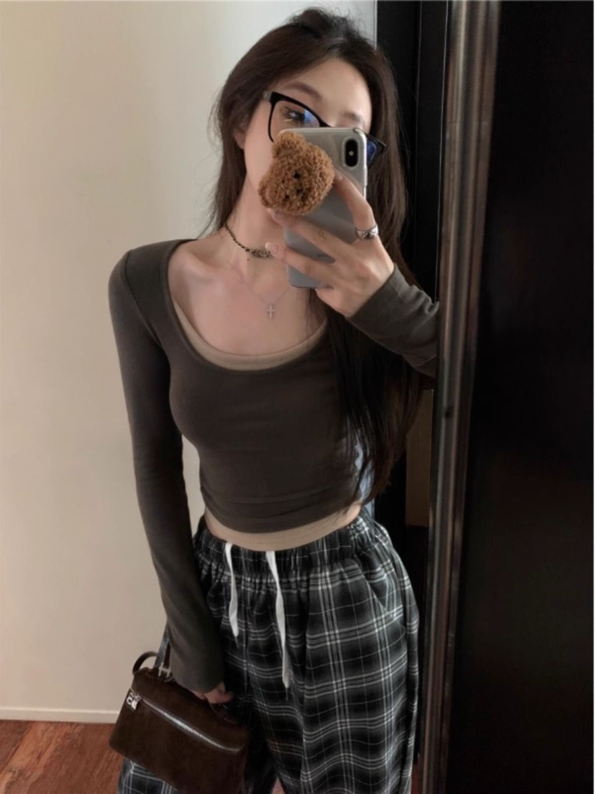 MR 螺纹德绒 基础百搭假两件磨毛上衣秋季修身短款内搭打底