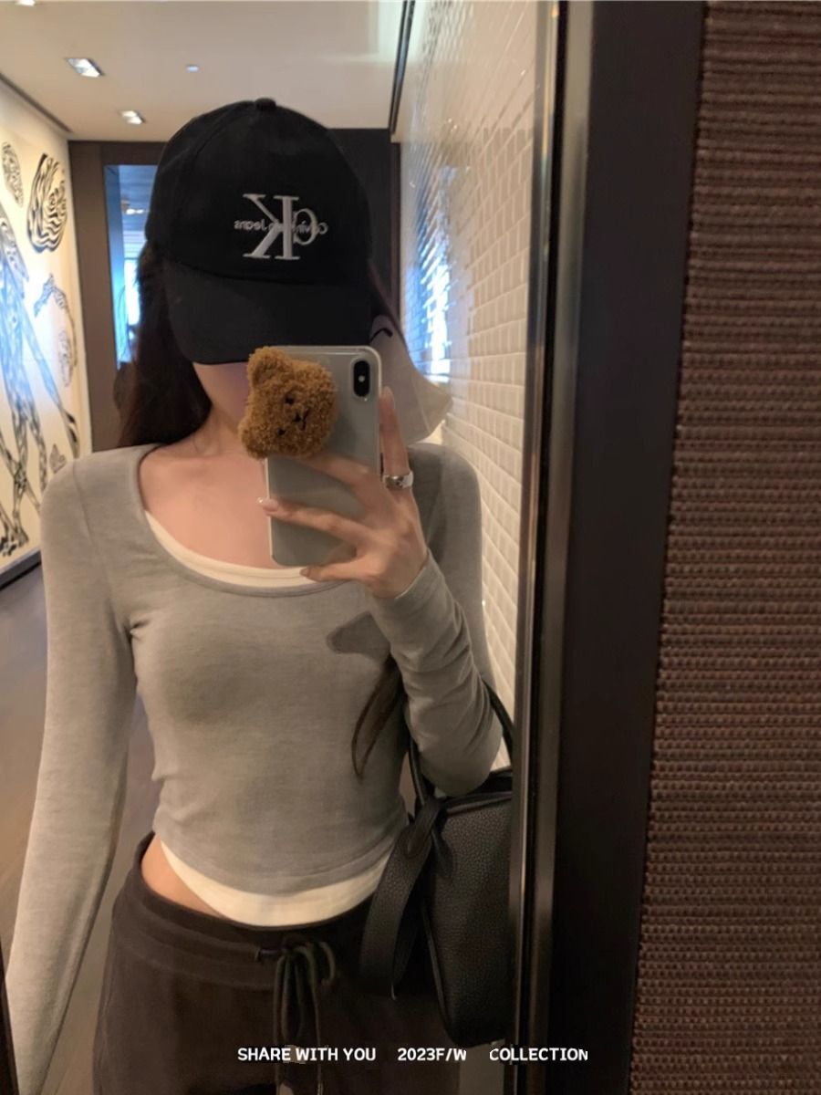 MR 螺纹德绒 基础百搭假两件磨毛上衣秋季修身短款内搭打底