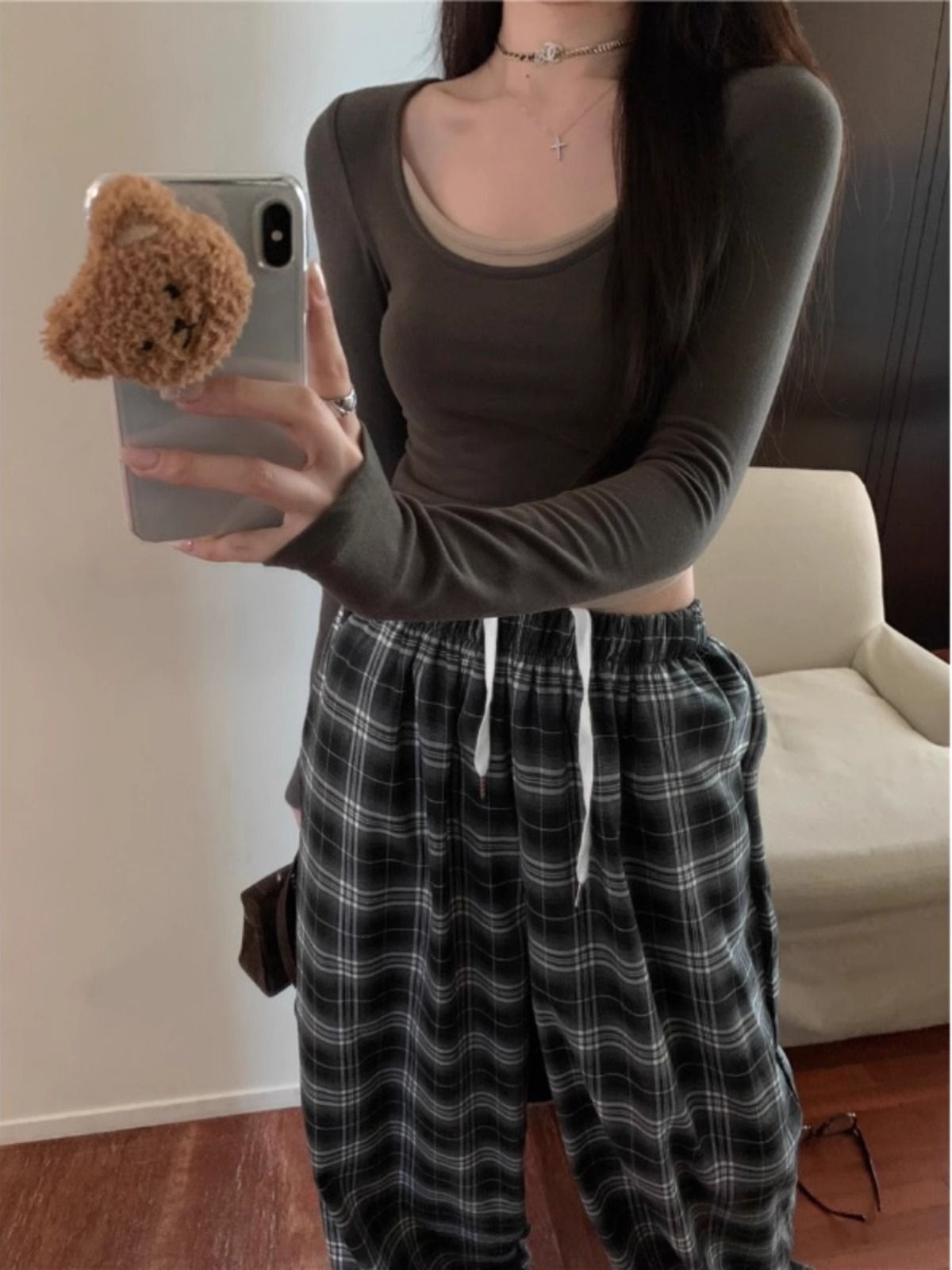 MR 螺纹德绒 基础百搭假两件磨毛上衣秋季修身短款内搭打底