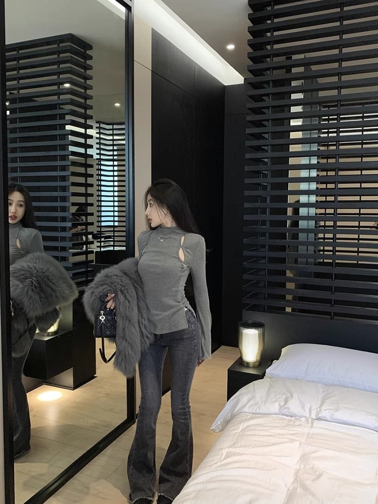 MR 现货 紧身内搭半高领女装秋冬设计感修身镂空打底衫上衣