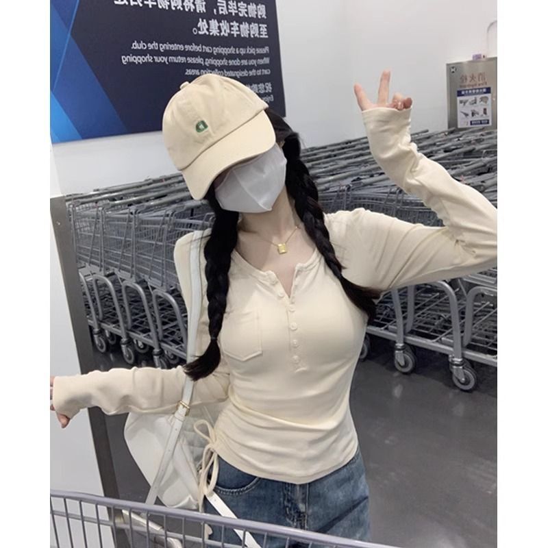 MR 现货 韩版纯欲修身T恤女秋季抽绳纽扣设计感内搭修身显瘦