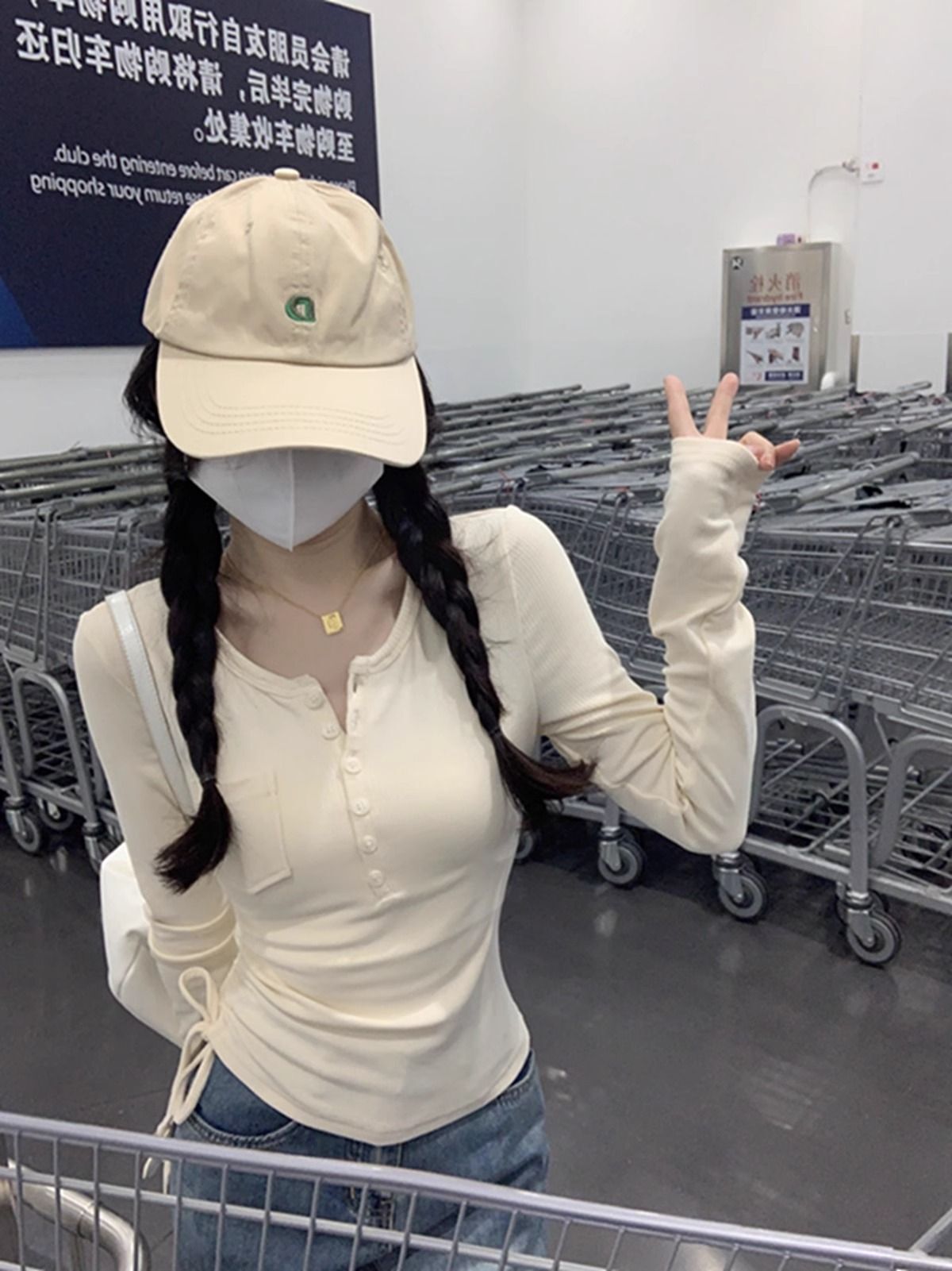 MR 现货 韩版纯欲修身T恤女秋季抽绳纽扣设计感内搭修身显瘦