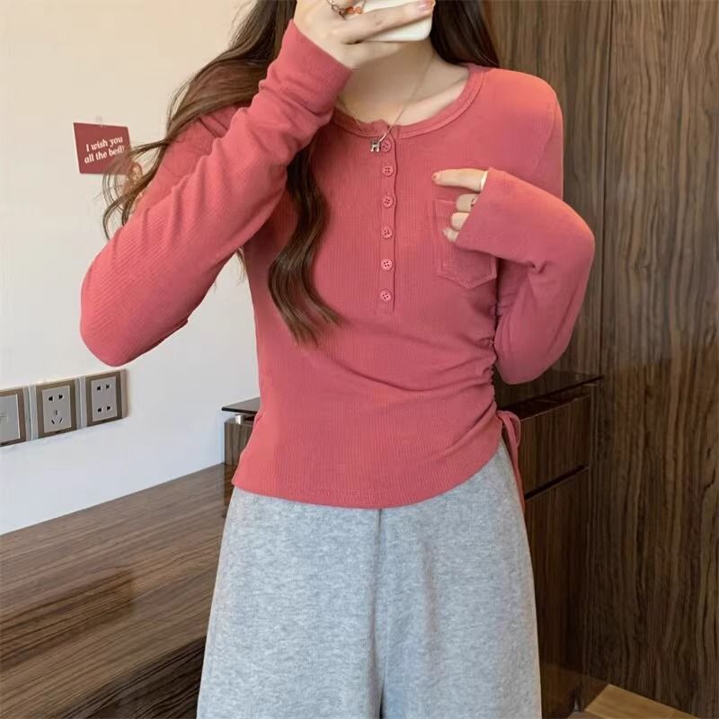 MR 现货 韩版纯欲修身T恤女秋季抽绳纽扣设计感内搭修身显瘦