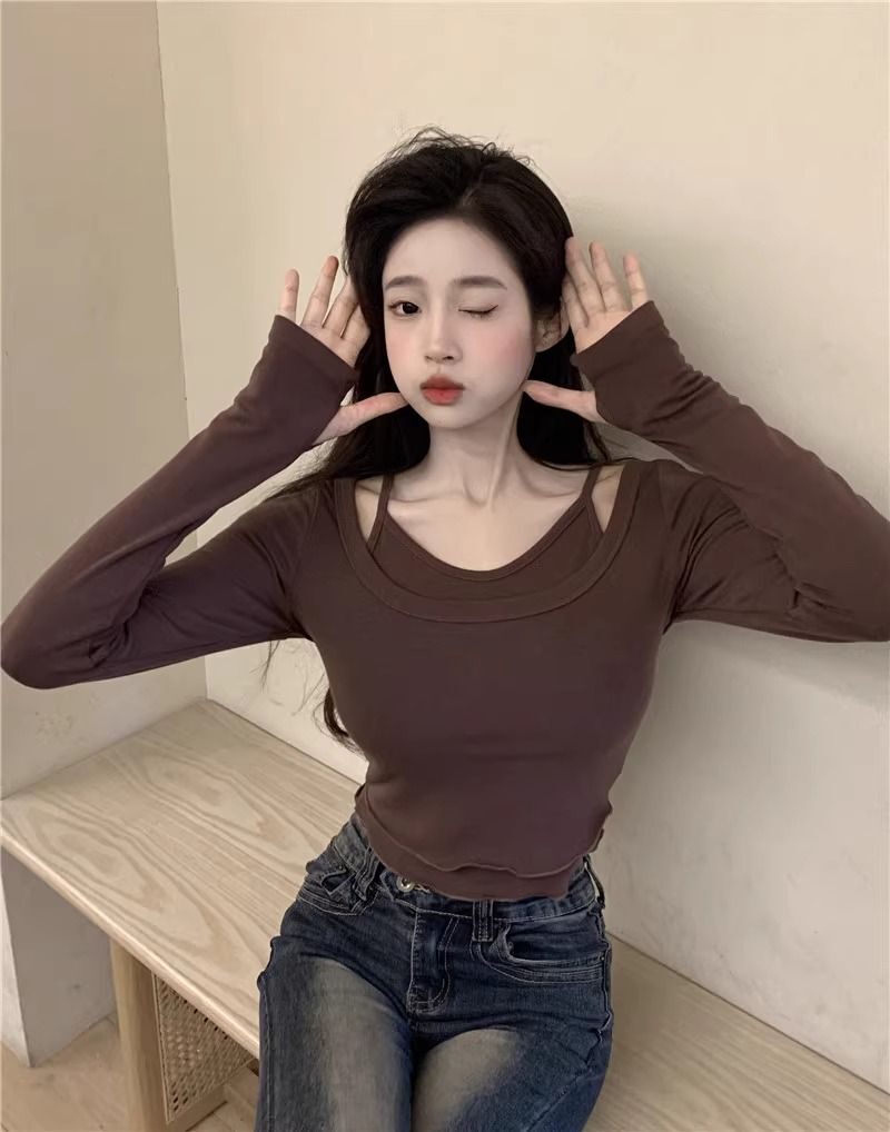 纯欲辣妹u领长袖白色t恤女秋冬内搭假两件修身显瘦短款打底衫上