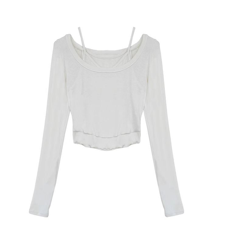 纯欲辣妹u领长袖白色t恤女秋冬内搭假两件修身显瘦短款打底衫上