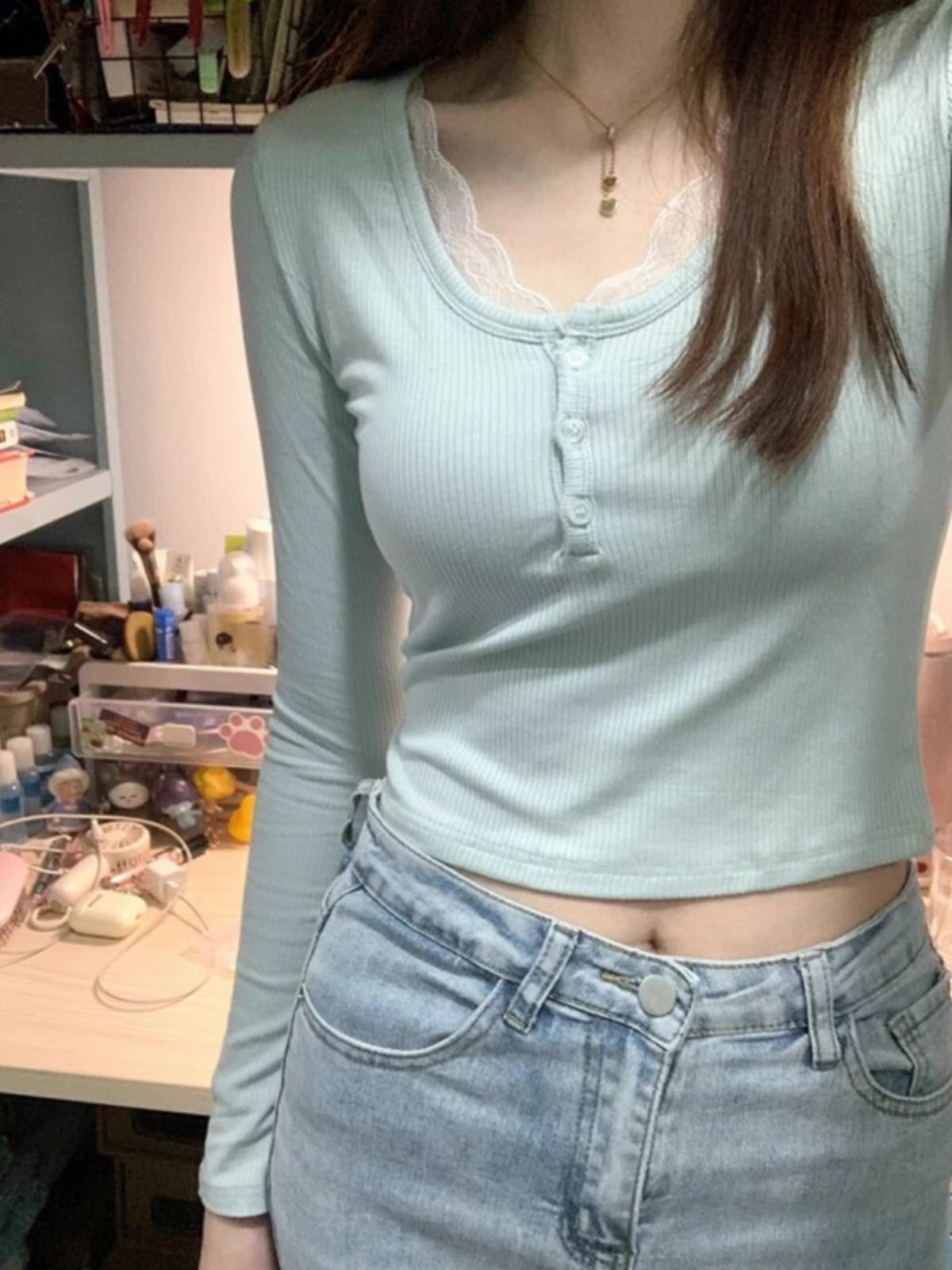 蕾丝螺纹长袖t恤女秋冬2023新款打底衫内搭纯欲修身短款上衣