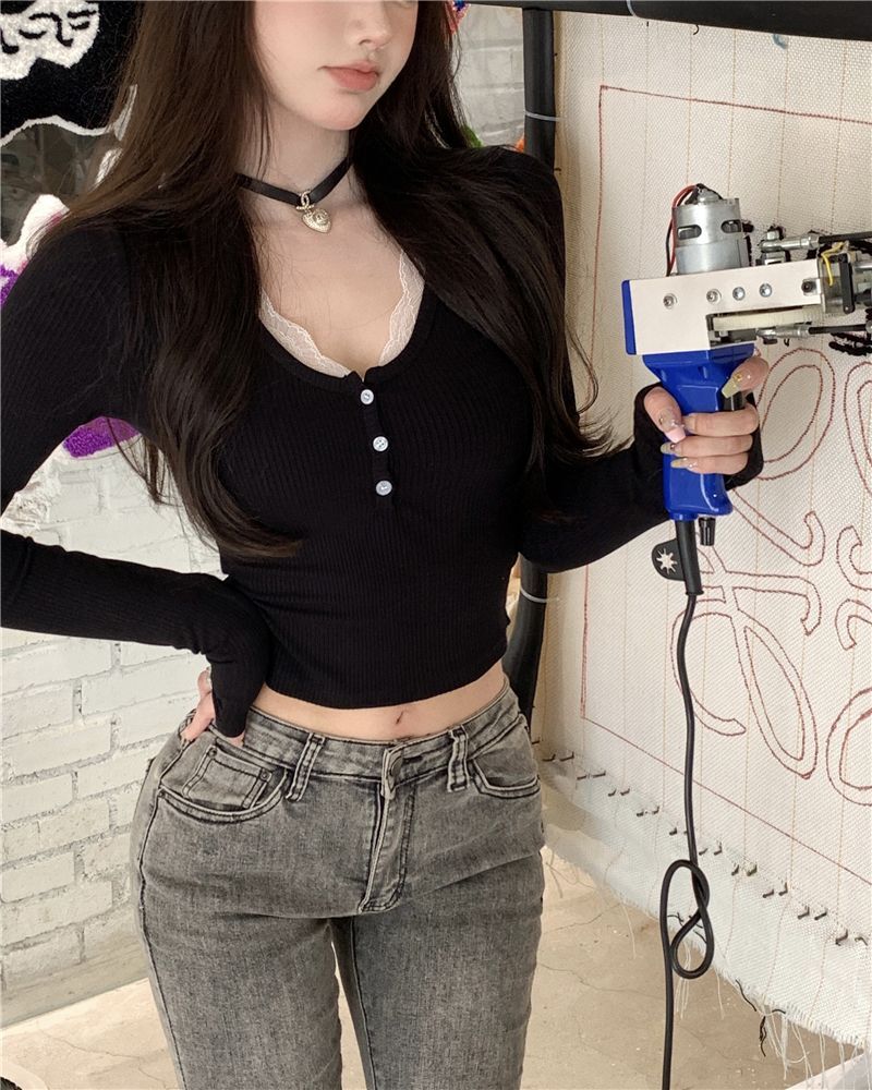 蕾丝螺纹长袖t恤女秋冬2023新款打底衫内搭纯欲修身短款上衣