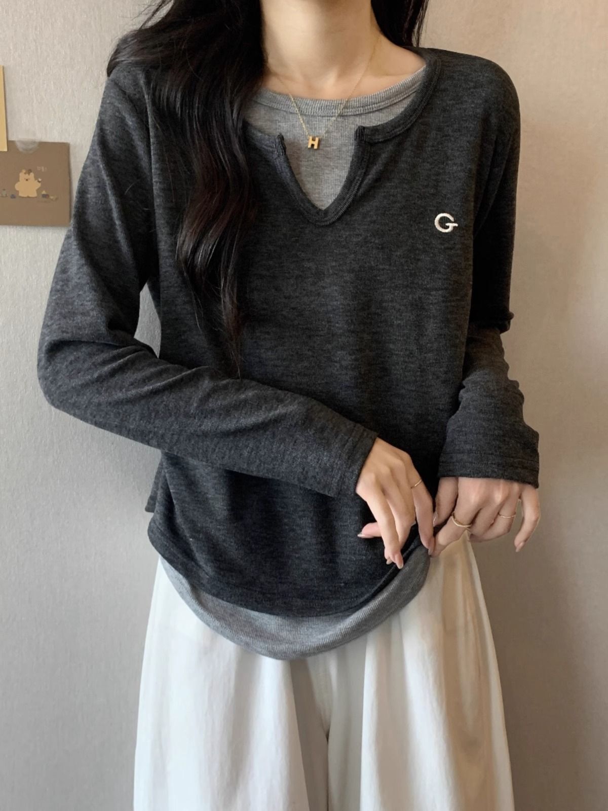 MR 螺纹德绒 假两件长袖T恤打底衫女秋冬大码显瘦洋气正肩上