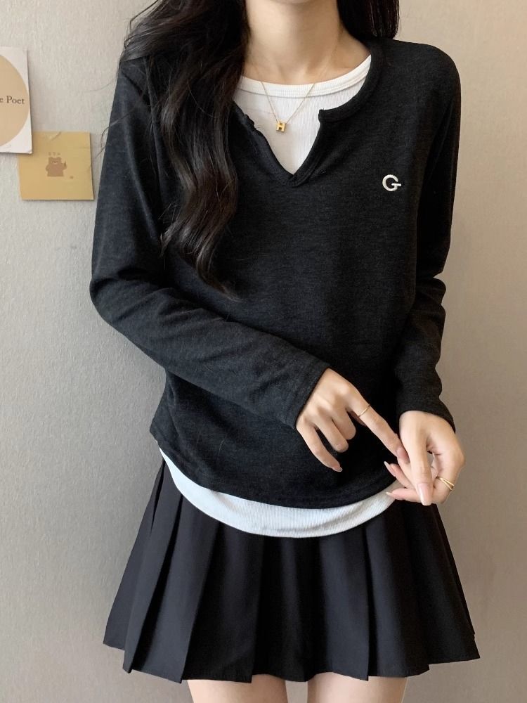 MR 螺纹德绒 假两件长袖T恤打底衫女秋冬大码显瘦洋气正肩上