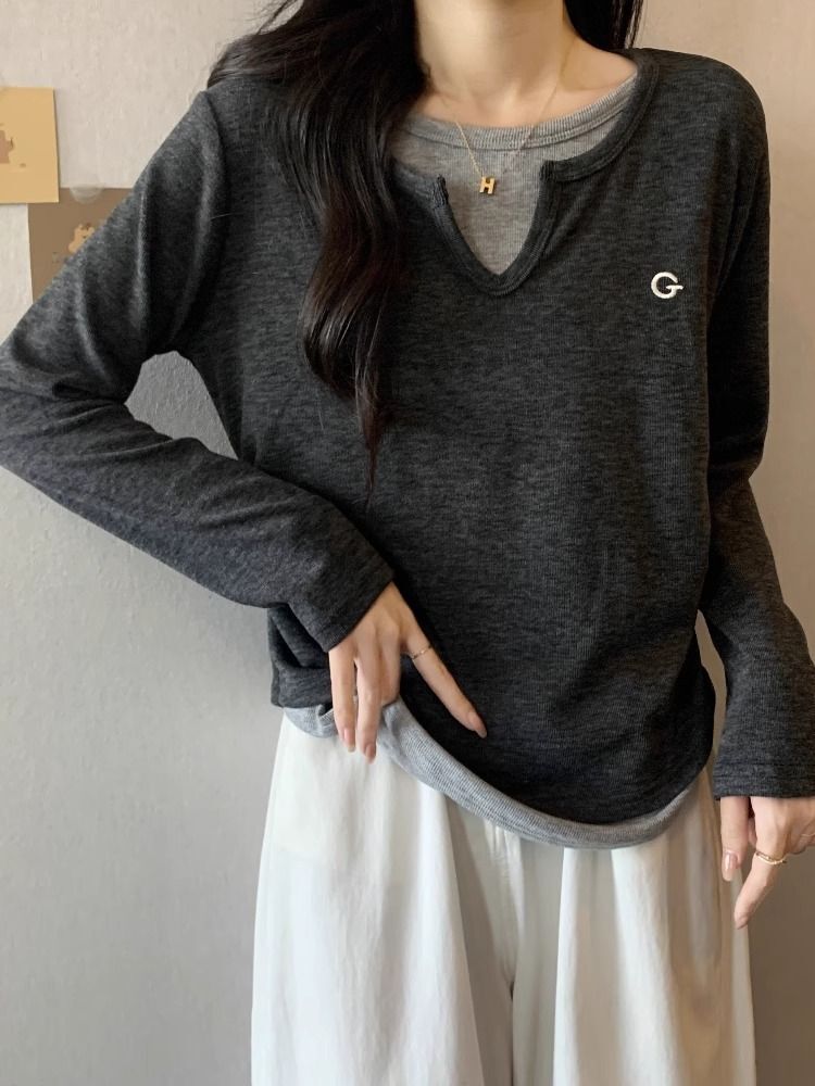 MR 螺纹德绒 假两件长袖T恤打底衫女秋冬大码显瘦洋气正肩上