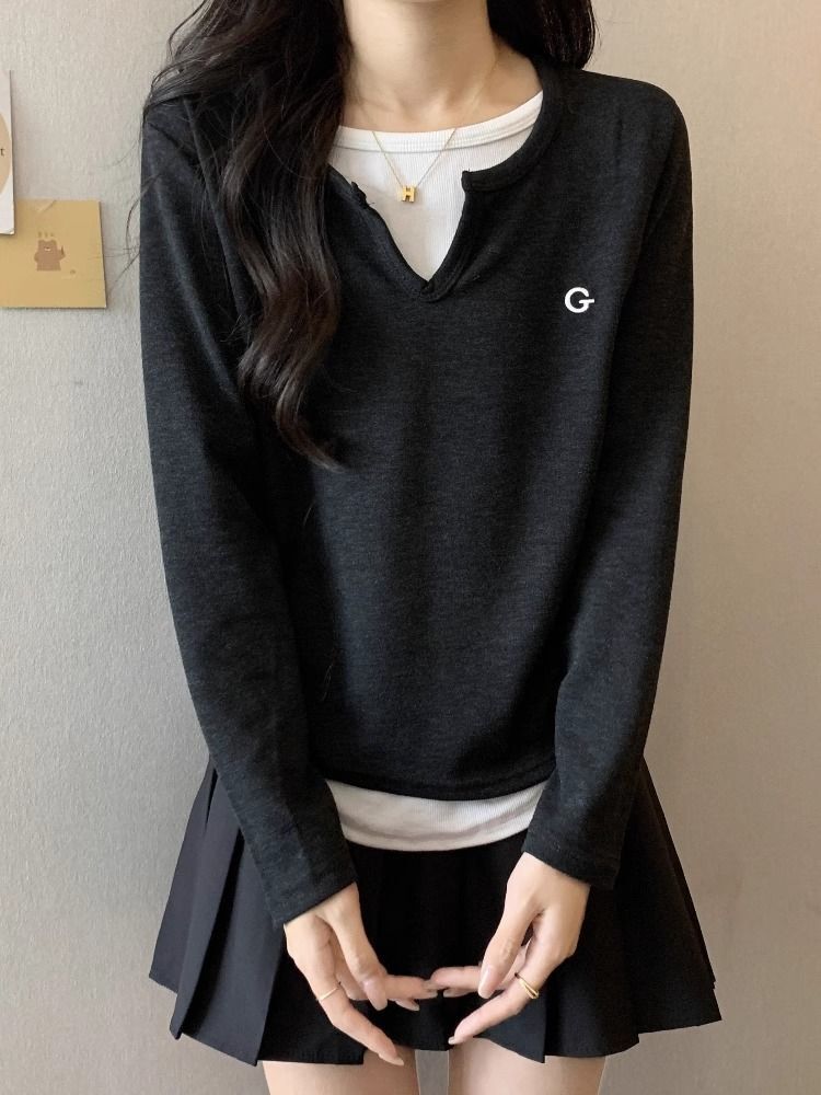 MR 螺纹德绒 假两件长袖T恤打底衫女秋冬大码显瘦洋气正肩上