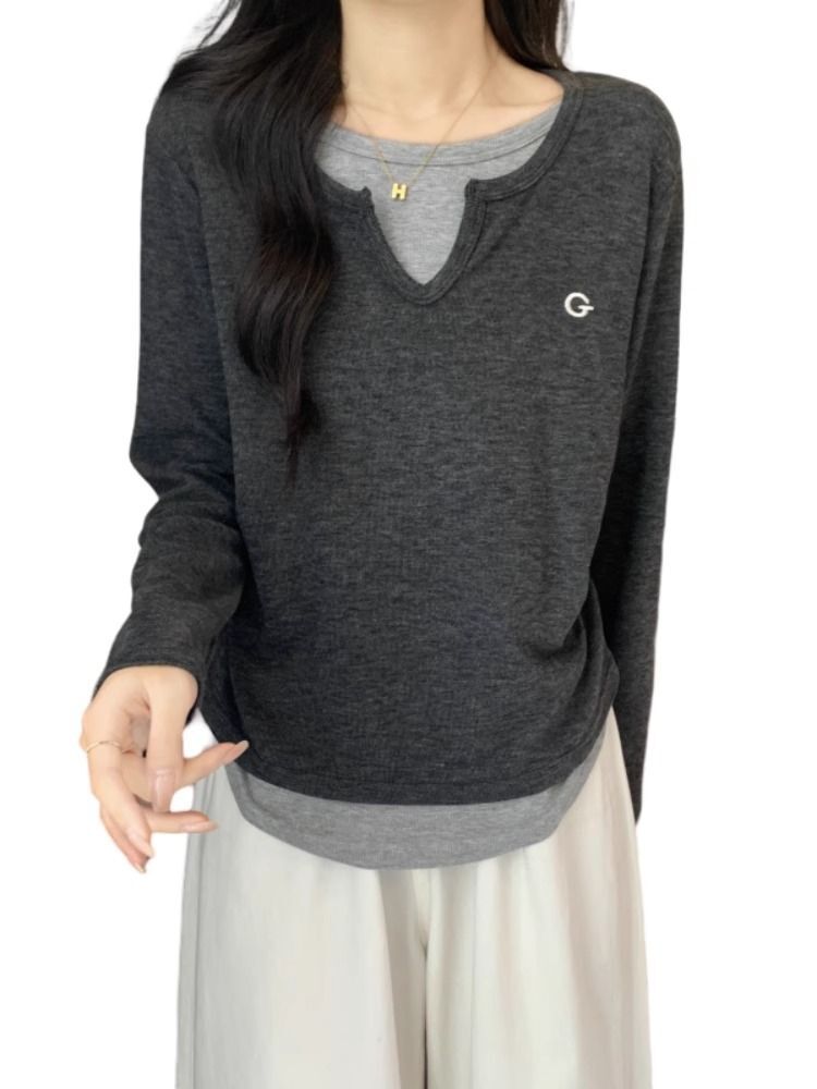 MR 螺纹德绒 假两件长袖T恤打底衫女秋冬大码显瘦洋气正肩上