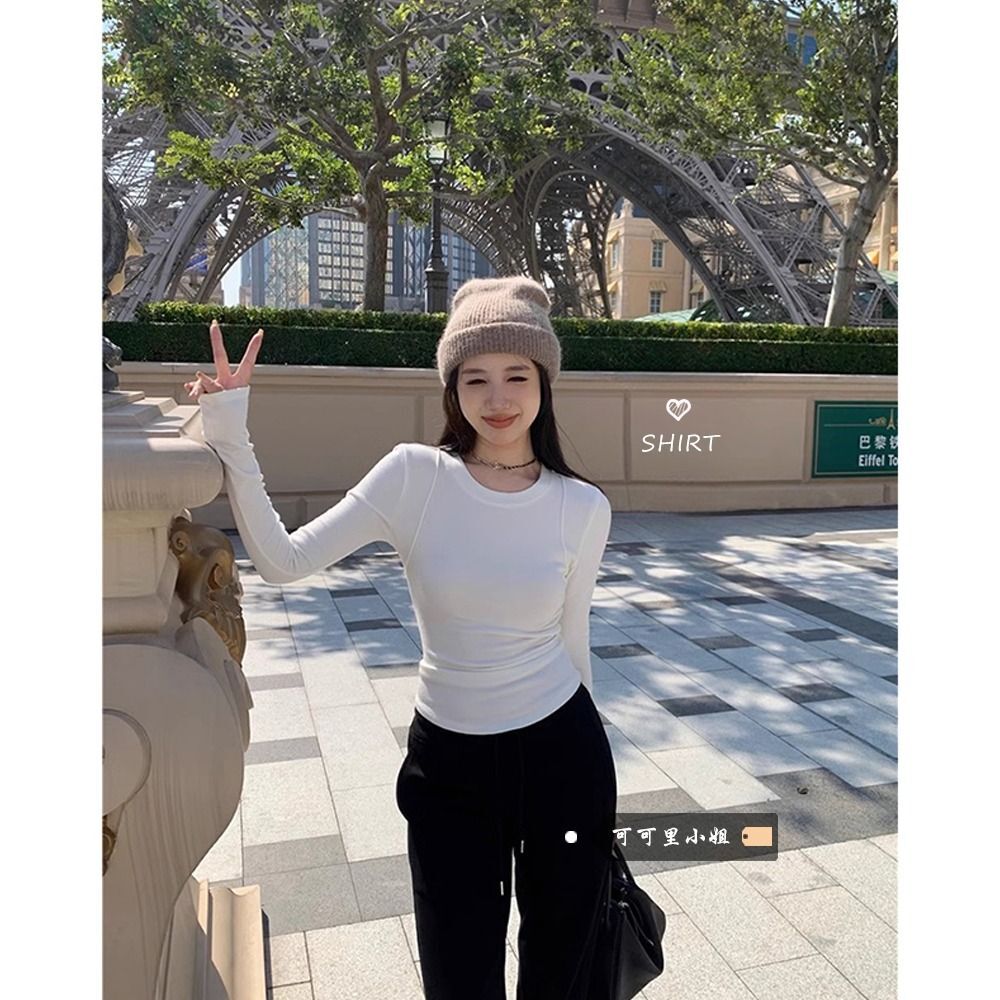 MR 螺纹德绒 白色加厚长袖T恤女春秋时尚修身显瘦内搭打底衫