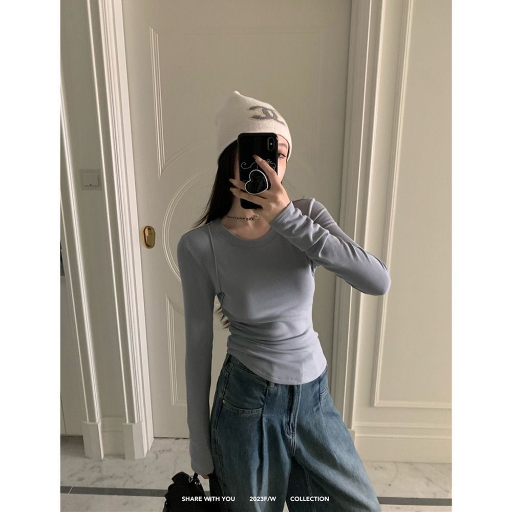 MR 螺纹德绒 白色加厚长袖T恤女春秋时尚修身显瘦内搭打底衫