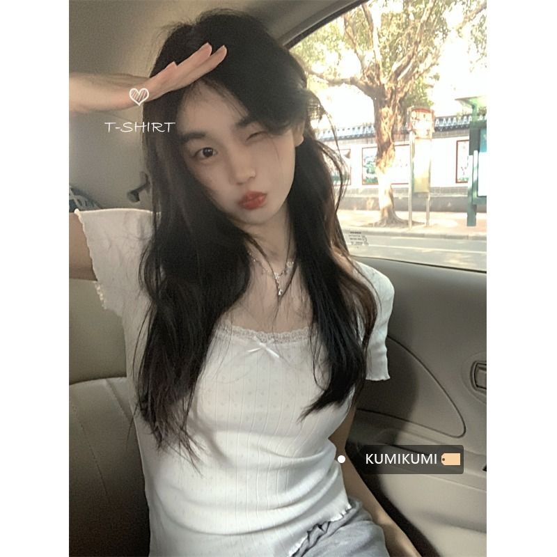 白色纯欲甜美蕾丝修身显瘦打底女夏季正肩短款内搭短袖T恤上衣i