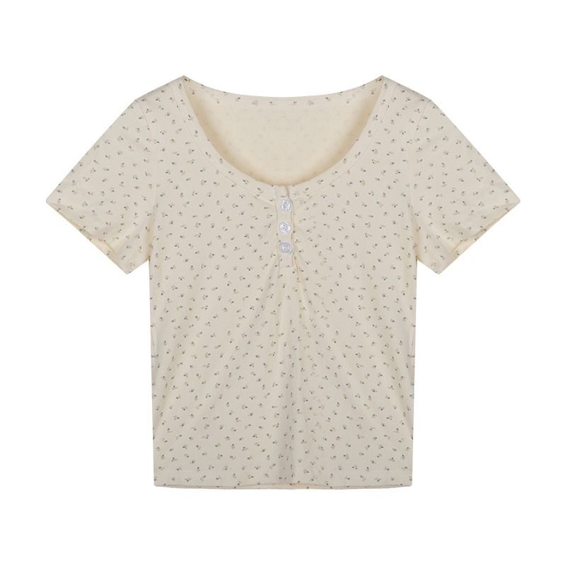 纯欲风碎花内搭短袖T恤女装夏季小众设计感打底修身显瘦短款上衣