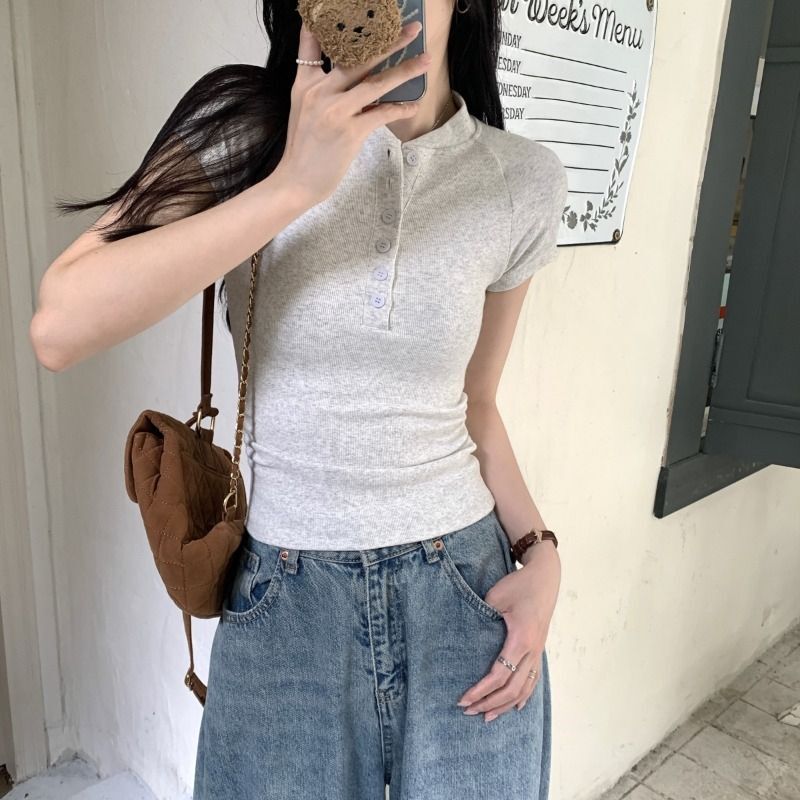 MR 莫代尔人棉260克 半开领T恤螺纹上衣修身褶皱性感 MR 莫代尔人棉260克 半开领T恤螺纹上衣修身褶皱性感