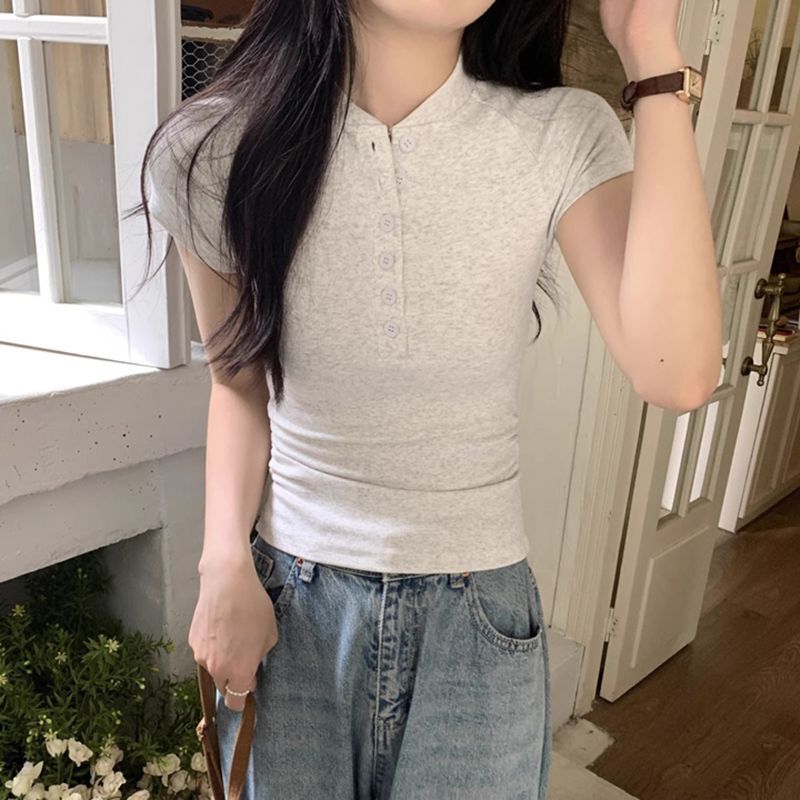 MR 莫代尔人棉260克 半开领T恤螺纹上衣修身褶皱性感