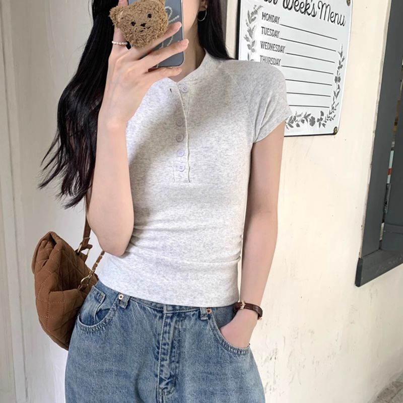 MR 莫代尔人棉260克 半开领T恤螺纹上衣修身褶皱性感