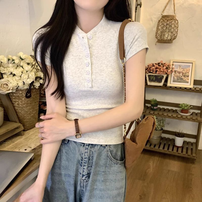 MR 莫代尔人棉260克 半开领T恤螺纹上衣修身褶皱性感