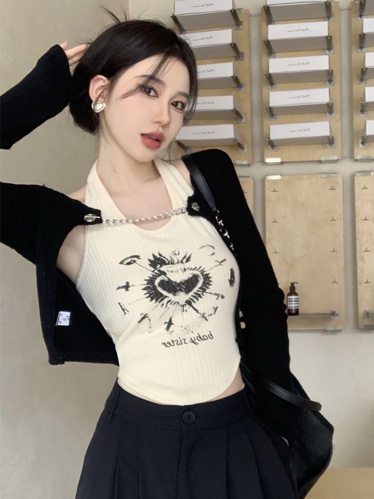 黑色长袖披肩罩衫套装女秋冬纯欲辣妹性感挂脖吊带背心两件套上衣 黑色长袖披肩罩衫套装女秋冬纯欲辣妹性感挂脖吊带背心两件套上衣