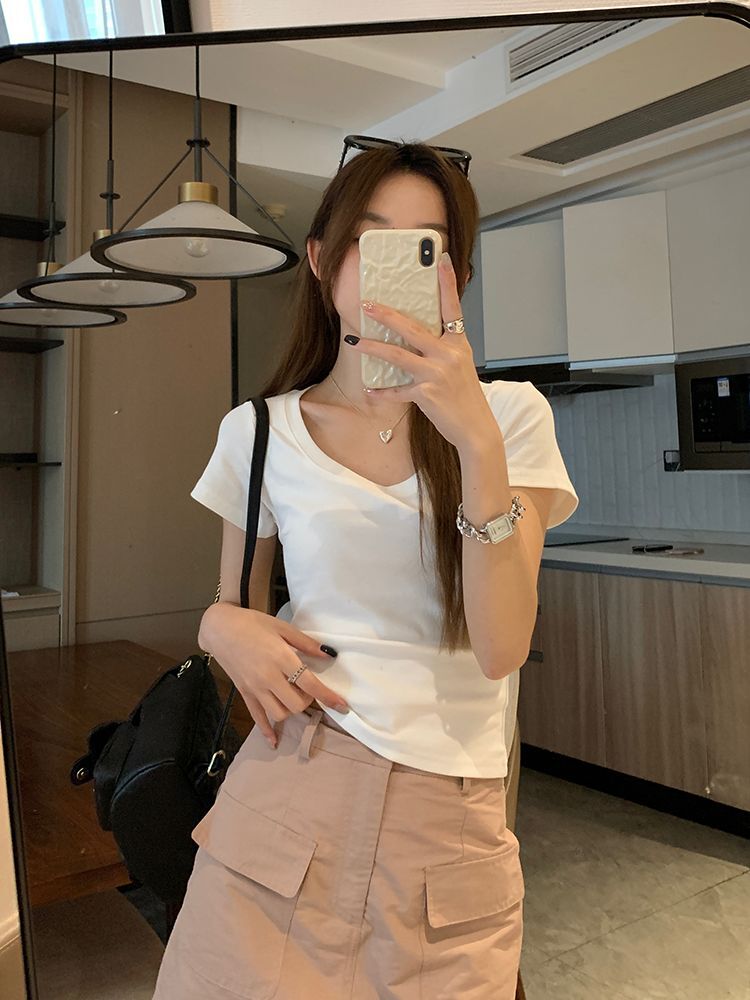 基础款百搭大圆领纯色短袖T恤女修身显瘦弹力短款正肩上衣