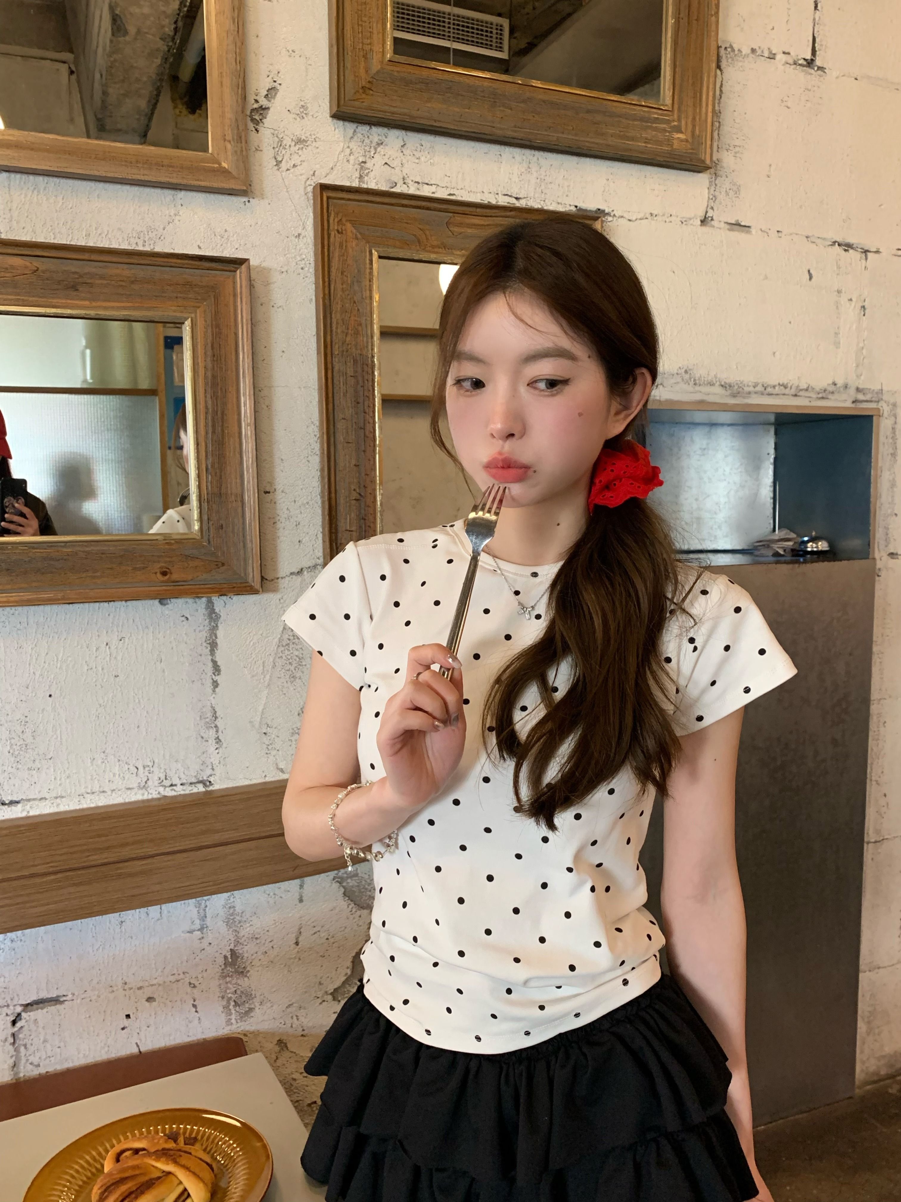 灰漫甜心~正肩波点短袖T恤女夏季基础百搭显瘦甜辣圆领上衣