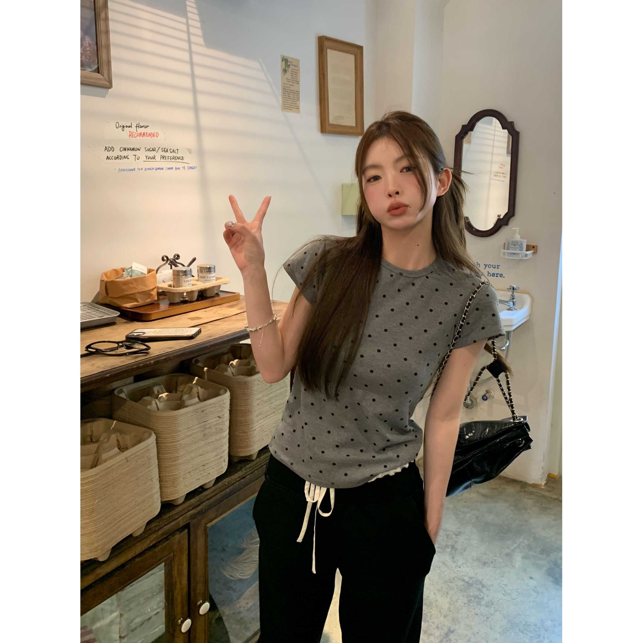 灰漫甜心~正肩波点短袖T恤女夏季基础百搭显瘦甜辣圆领上衣