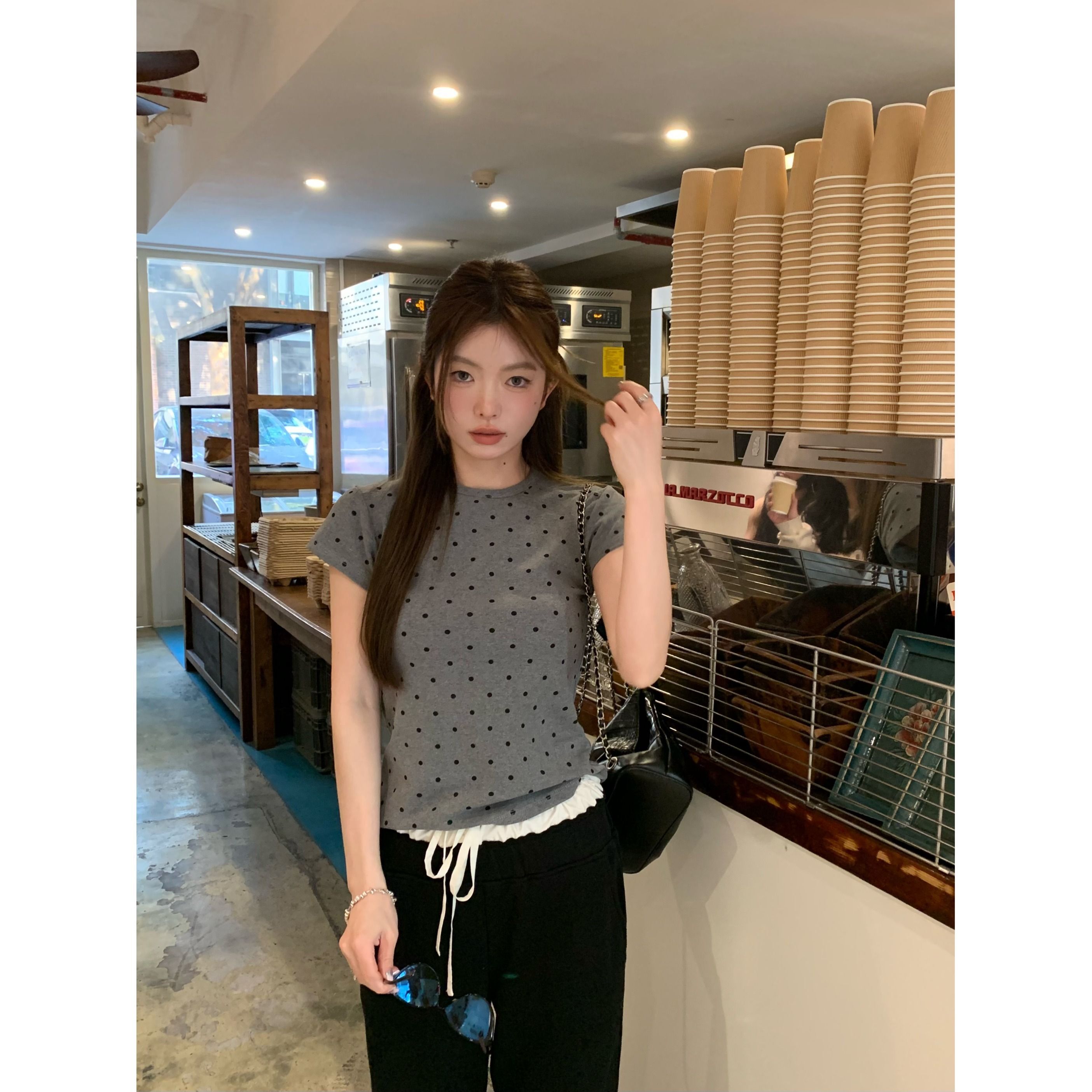 灰漫甜心~正肩波点短袖T恤女夏季基础百搭显瘦甜辣圆领上衣