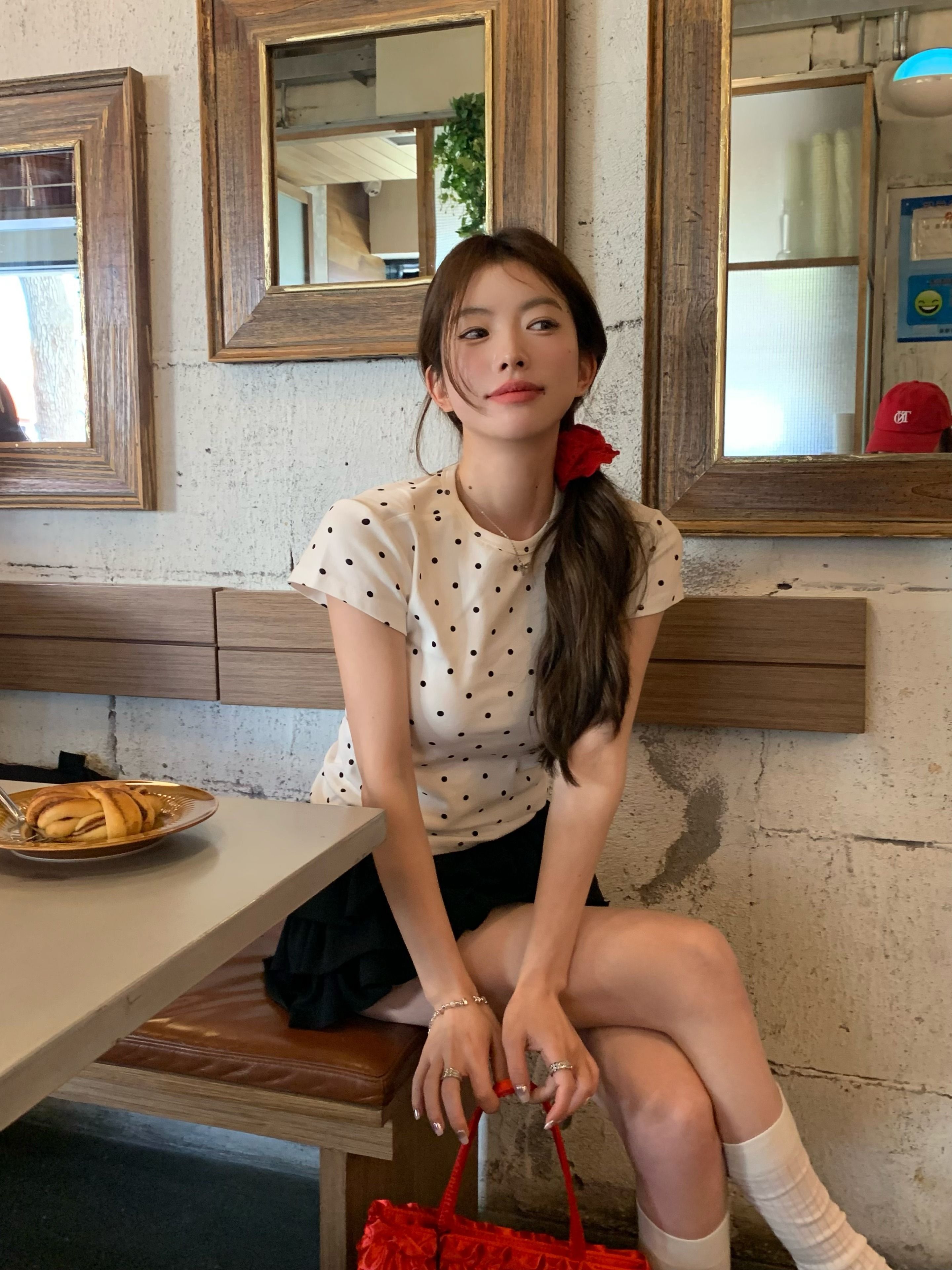 灰漫甜心~正肩波点短袖T恤女夏季基础百搭显瘦甜辣圆领上衣