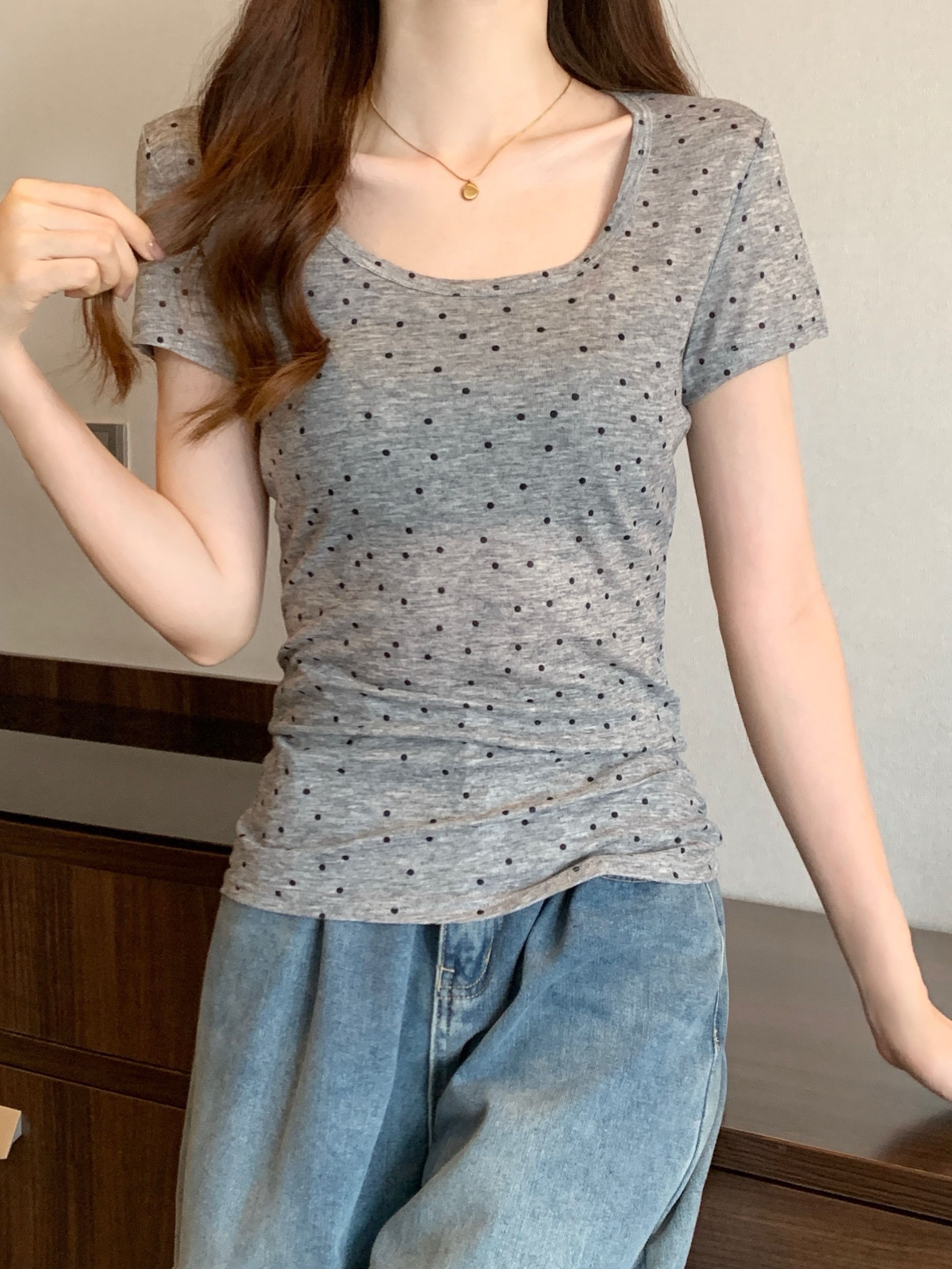 原版面料 天丝螺纹 夏季纯欲辣妹收腰显瘦设计感外穿波点体