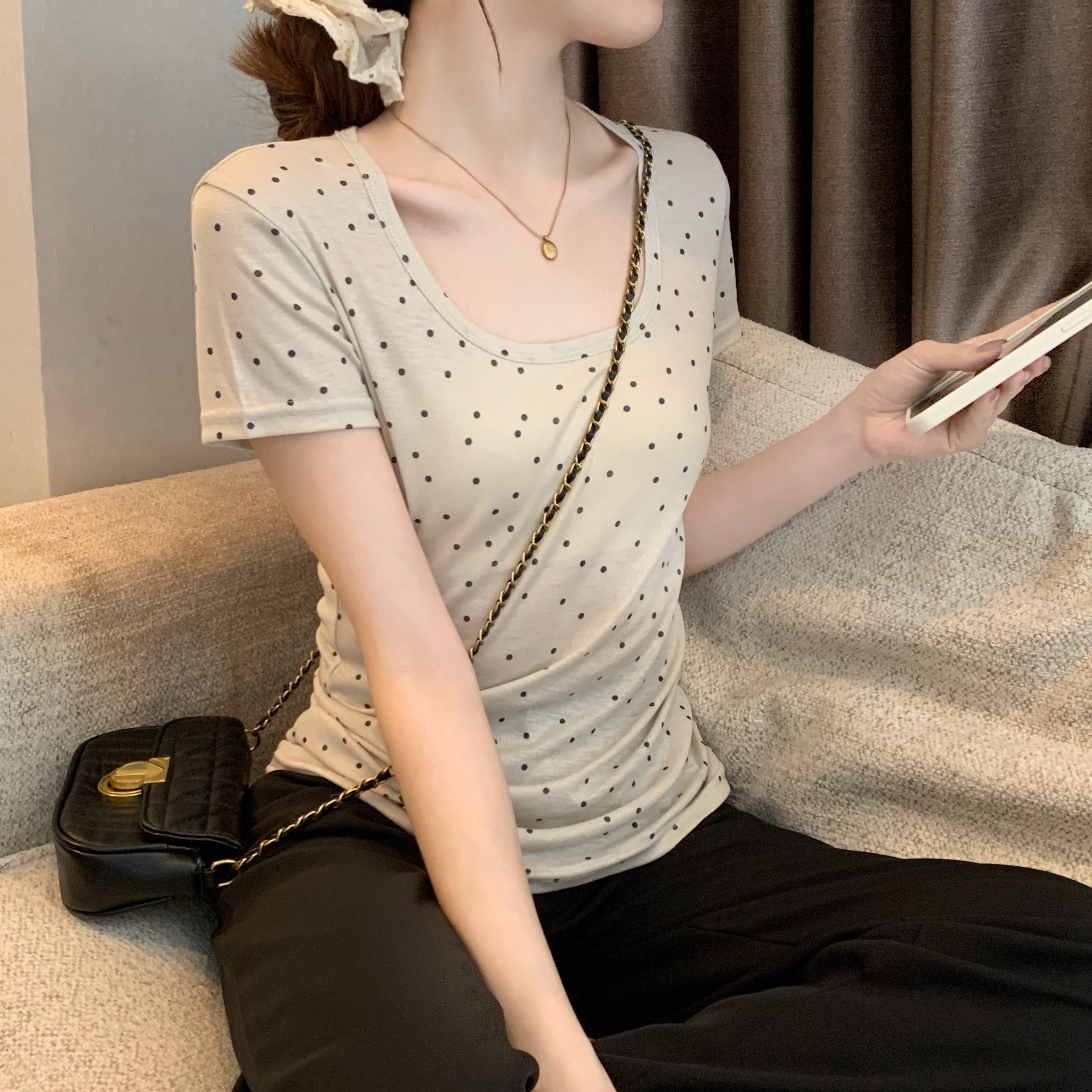 原版面料 天丝螺纹 夏季纯欲辣妹收腰显瘦设计感外穿波点体